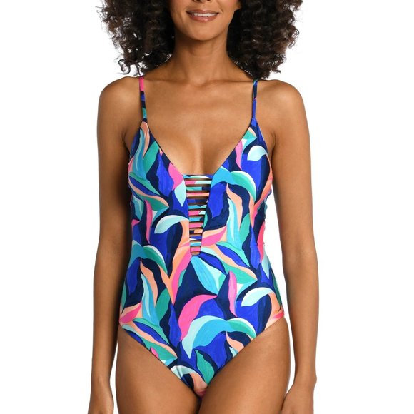 La Blanca  Painted Leaves Reversible Plunge One Piece - Picture 1 of 4